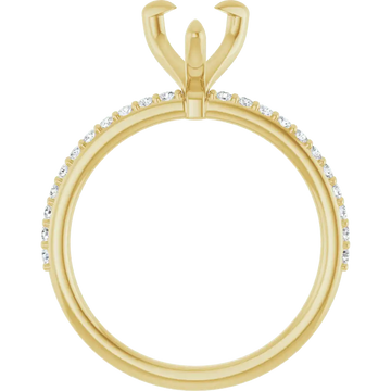 Yellow gold engagement ring setting with pear-shaped stone holder and round diamonds along the band.