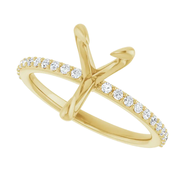 Gold engagement ring setting with crossed bands and round diamonds set along the sides.