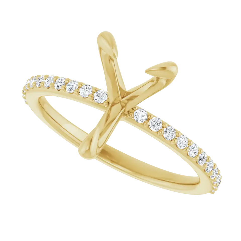 Gold engagement ring setting with crossed bands and round diamonds set along the sides.