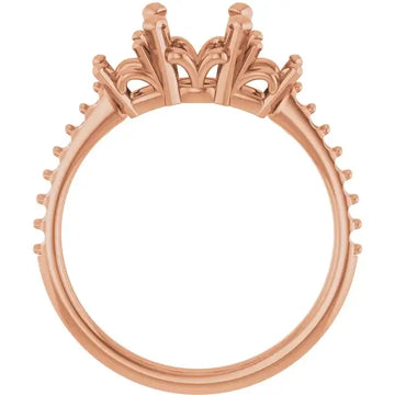 Rose gold engagement ring setting with ornate crown top and petal detailing around the band.