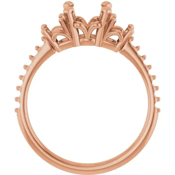 Rose gold engagement ring setting with ornate crown top and petal detailing around the band.