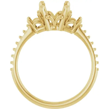 Gold ring setting with ornate openwork crown top and beaded band, designed for oval stones.