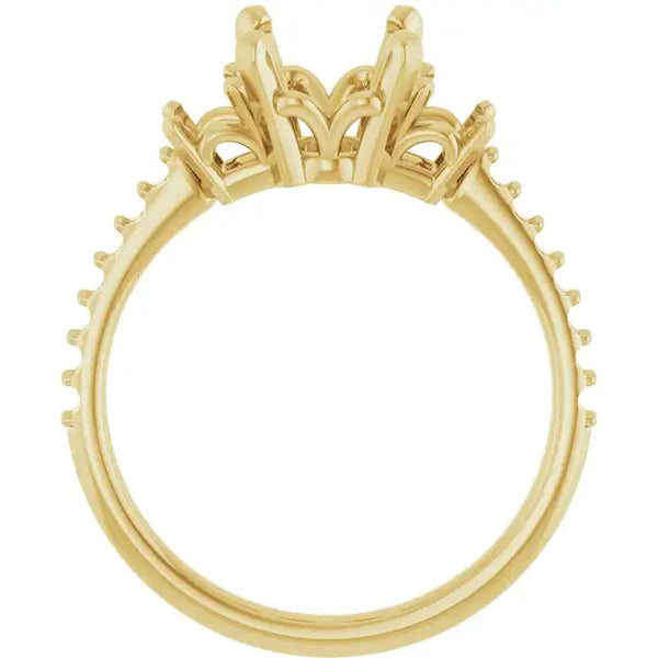 Gold ring setting with ornate openwork crown top and beaded band, designed for oval stones.