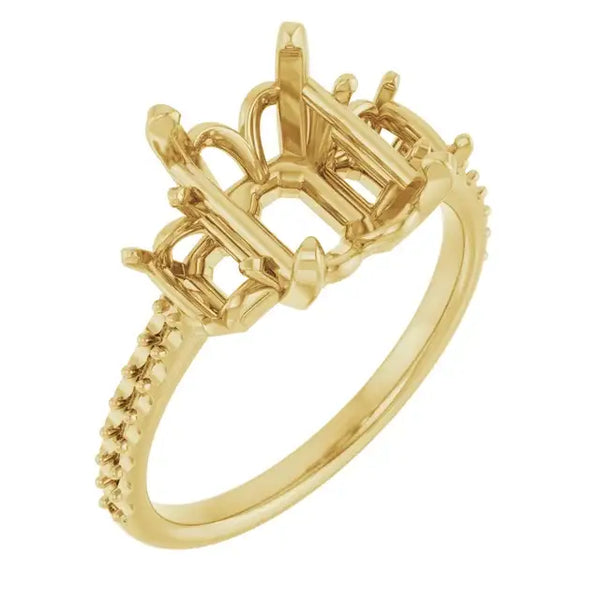 Gold engagement ring setting with ornate openwork gallery and small accent stones along the band.