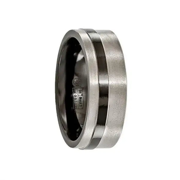 SERGIUS Flat Titanium Ring with Black Stripe Band by Edward Mirell - 8 mm - Larson Jewelers