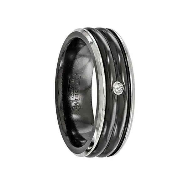 Edward Mirell Black Ti with Grey Titanium Edge .03 carat Diamond with Sterling Silver Bezel 7mm Band - Larson Jewelers