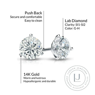 14k White Gold 3-Prong Solitaire Martini Studs with Round Lab Grown Diamond - Larson Jewelers