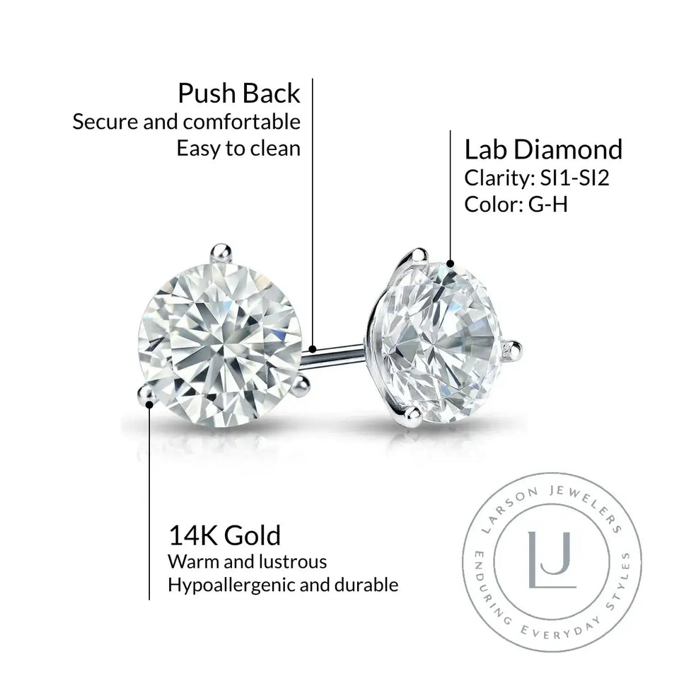 14k White Gold 3-Prong Solitaire Martini Studs with Round Lab Grown Diamond - Larson Jewelers