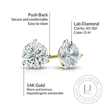 14k Yellow Gold 3-Prong Solitaire Martini Studs with Round Lab Grown Diamond - Larson Jewelers