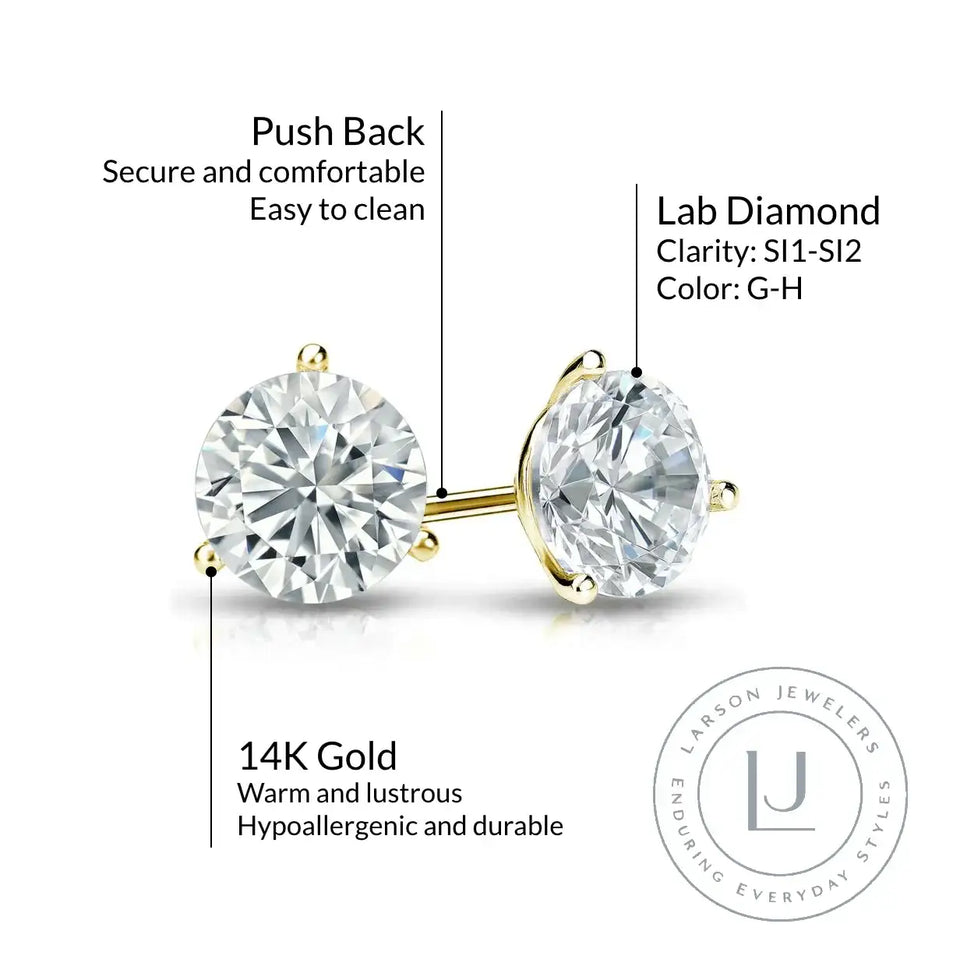 14k Yellow Gold 3-Prong Solitaire Martini Studs with Round Lab Grown Diamond - Larson Jewelers