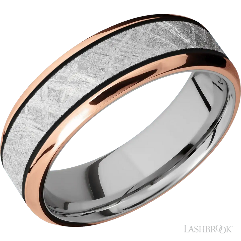 14K Rose Gold with Polish , Polish Finish and Meteorite Inlay and 14K White Gold - 7MM - Larson Jewelers