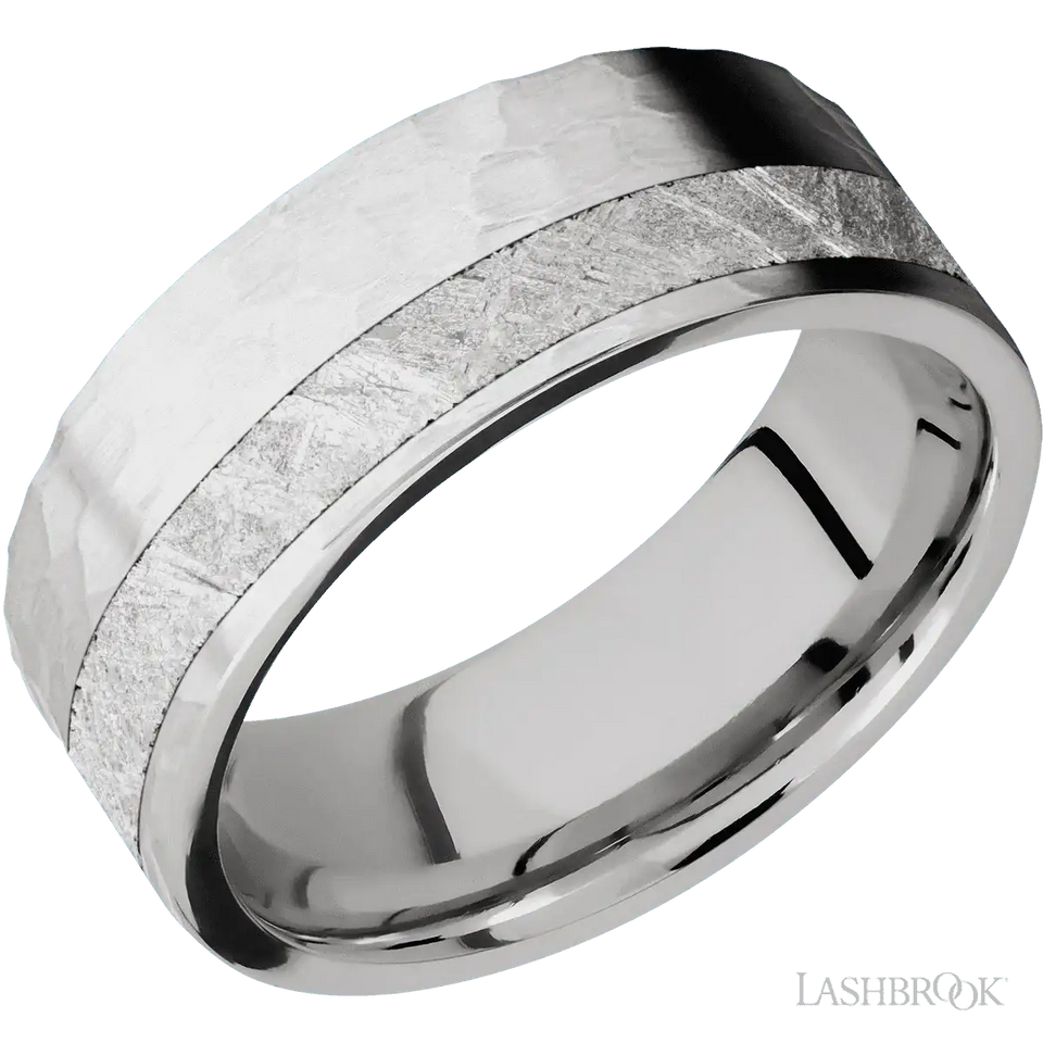 14K White Gold with Hammer , Hammer Finish and Meteorite Inlay - 8MM - Larson Jewelers