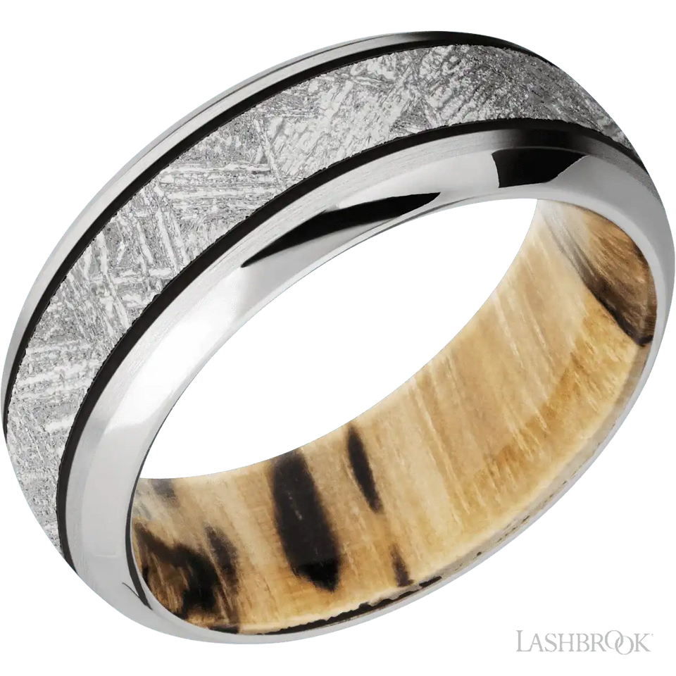 14K White Gold with Satin , Polish Finish and Meteorite Inlay and Spalted Tamarind - 8MM - Larson Jewelers