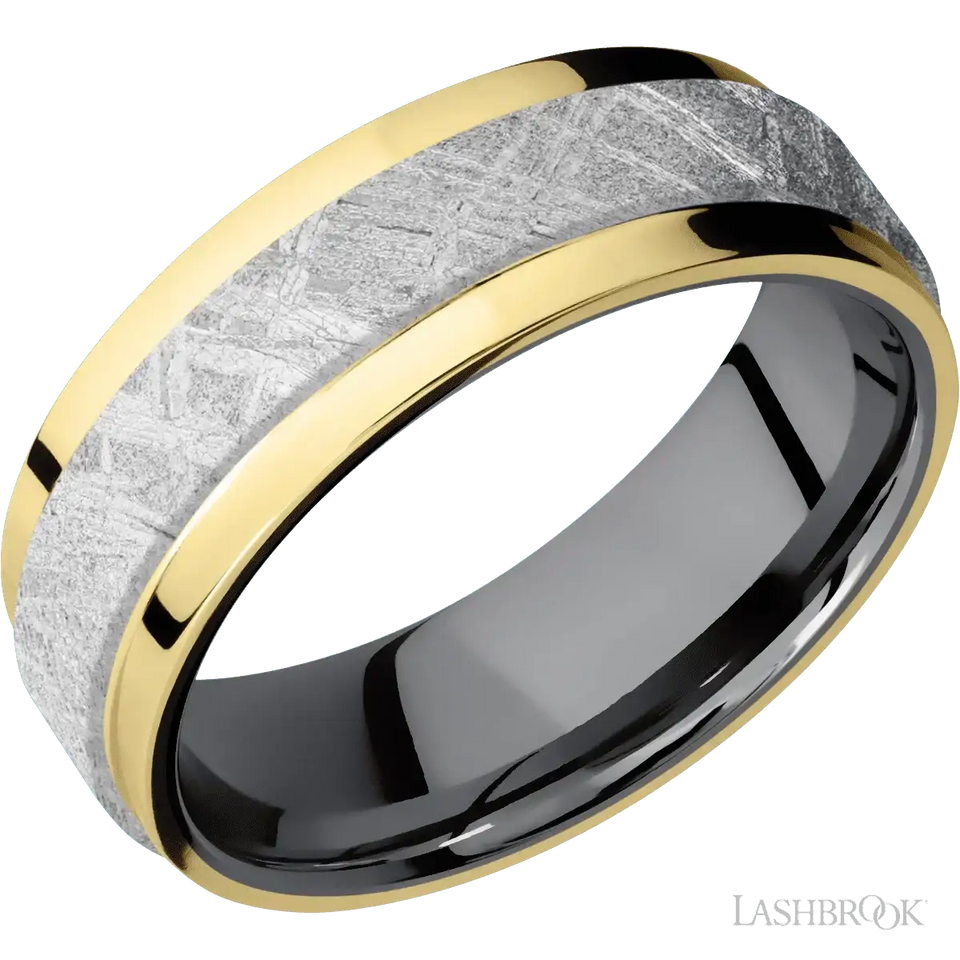 14K Yellow Gold with Polish Finish and Meteorite Inlay and Tantalum - 7MM - Larson Jewelers
