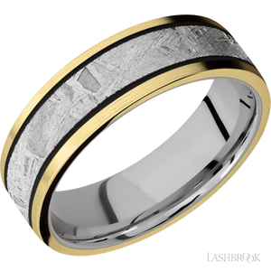 14K Yellow Gold with Satin Finish and Meteorite Inlay and Titanium - 7MM - Larson Jewelers