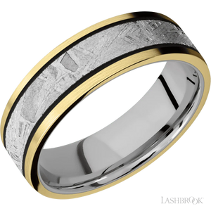 14K Yellow Gold with Satin Finish and Meteorite Inlay and Titanium - 7MM - Larson Jewelers