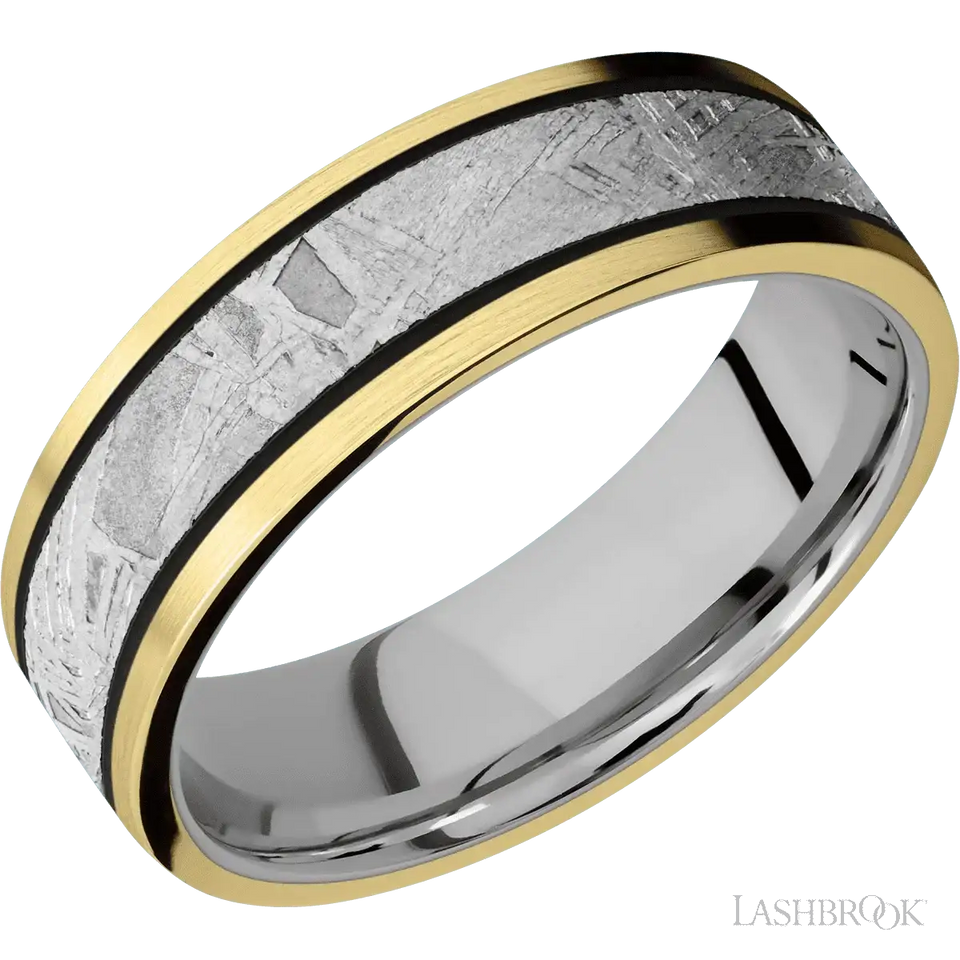 14K Yellow Gold with Satin Finish and Meteorite Inlay and Titanium - 7MM - Larson Jewelers