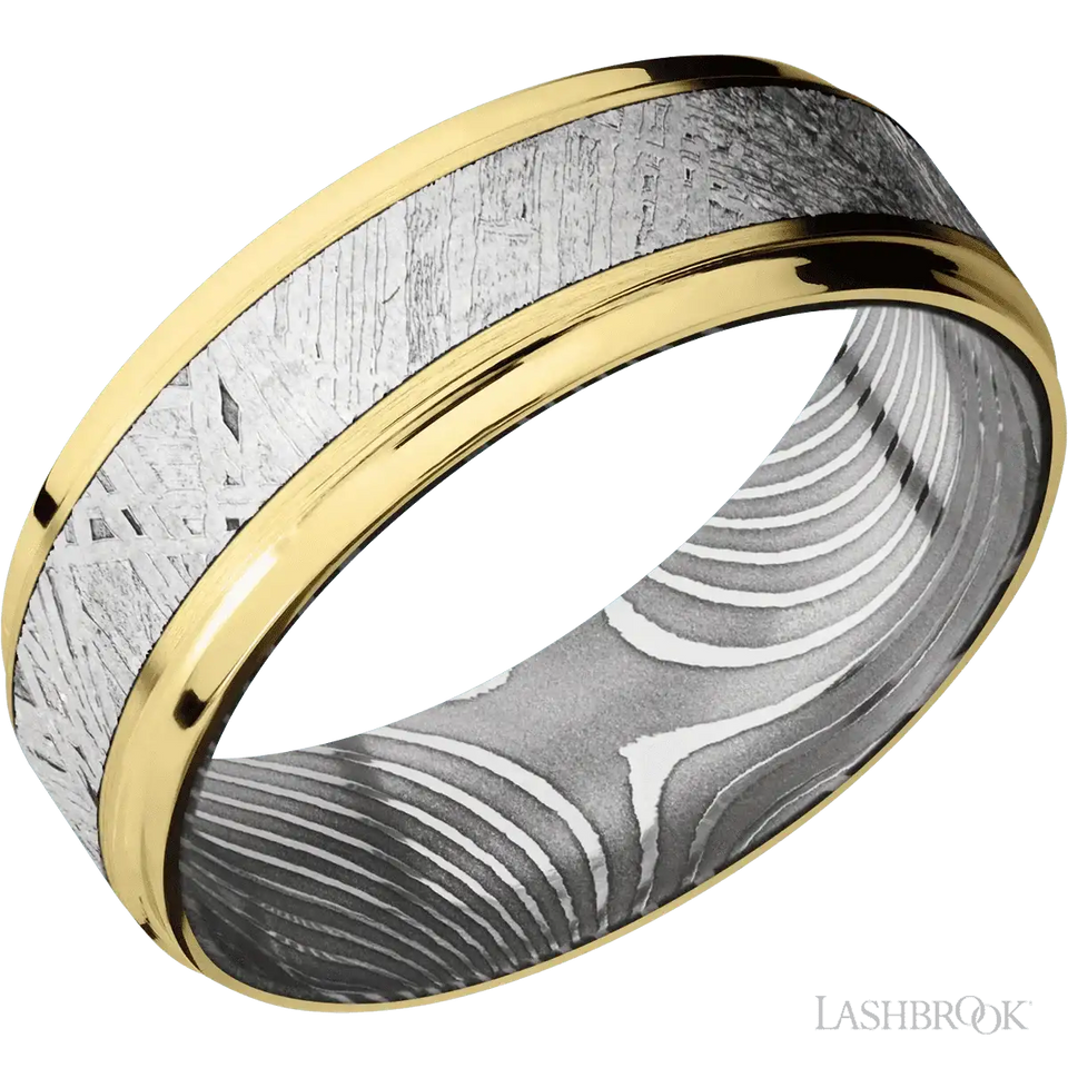 14K Yellow Gold with Satin , Polish Finish and Meteorite Inlay and Flattwist - 7MM - Larson Jewelers