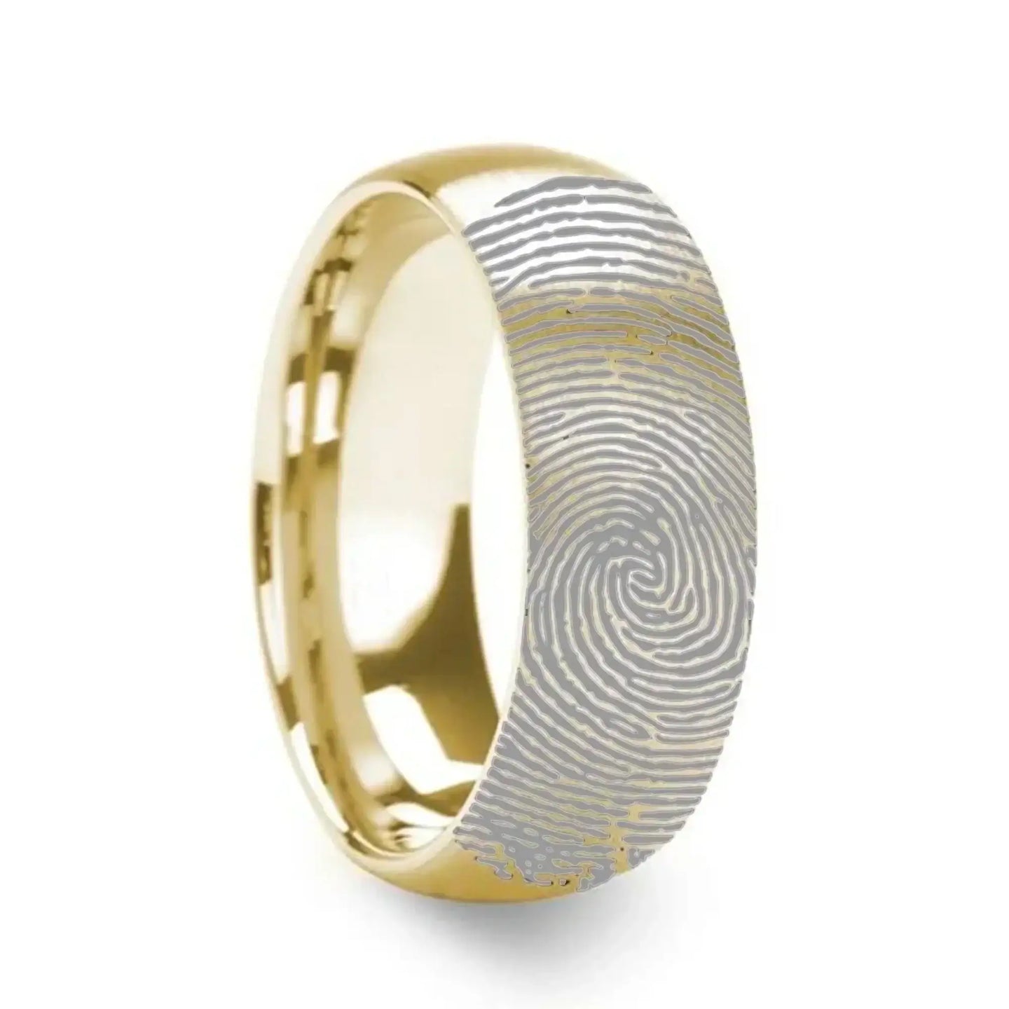 14k Fingerprint Ring Yellow Gold Engraved Domed Brushed Band - 4mm - 8mm - Larson Jewelers