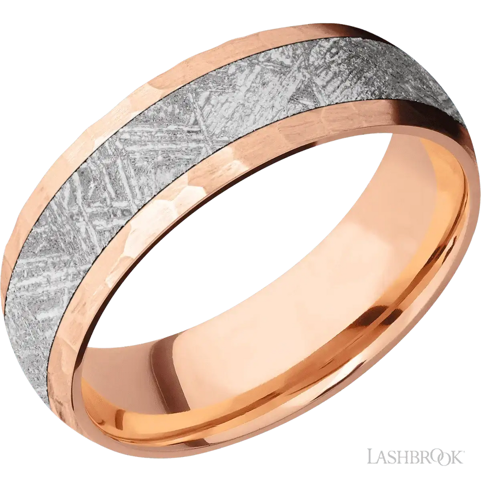 14K Rose Gold with Hammer Finish and Meteorite Inlay - 7MM - Larson Jewelers
