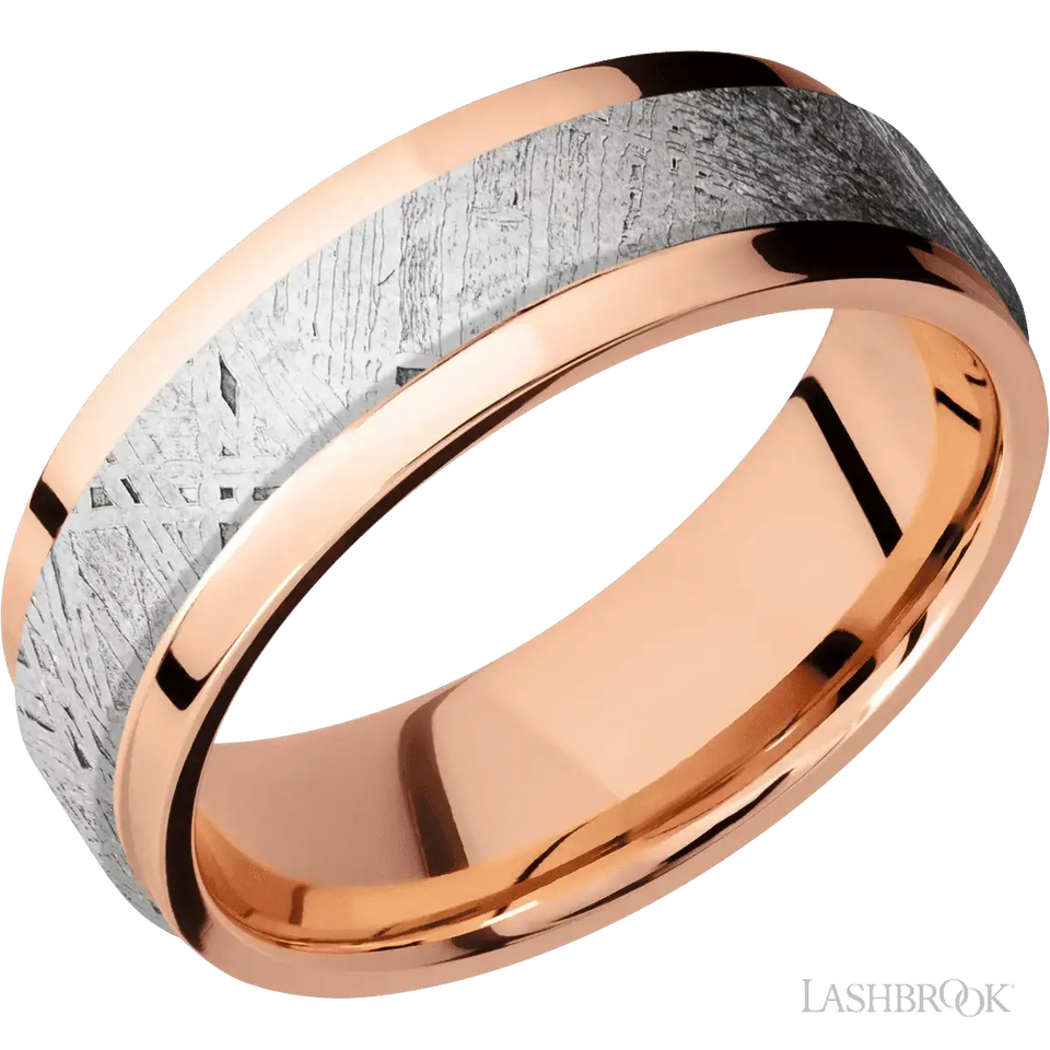 14K Rose Gold Band with Polish Finish and Raised Centered Meteorite Inlay - 7MM - Larson Jewelers