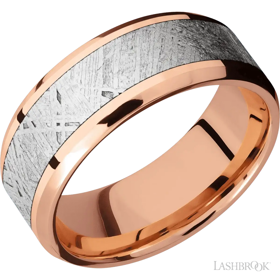 Beveled 14K Rose Gold with Polish , Polish Finish and Meteorite Inlay - 8MM - Larson Jewelers