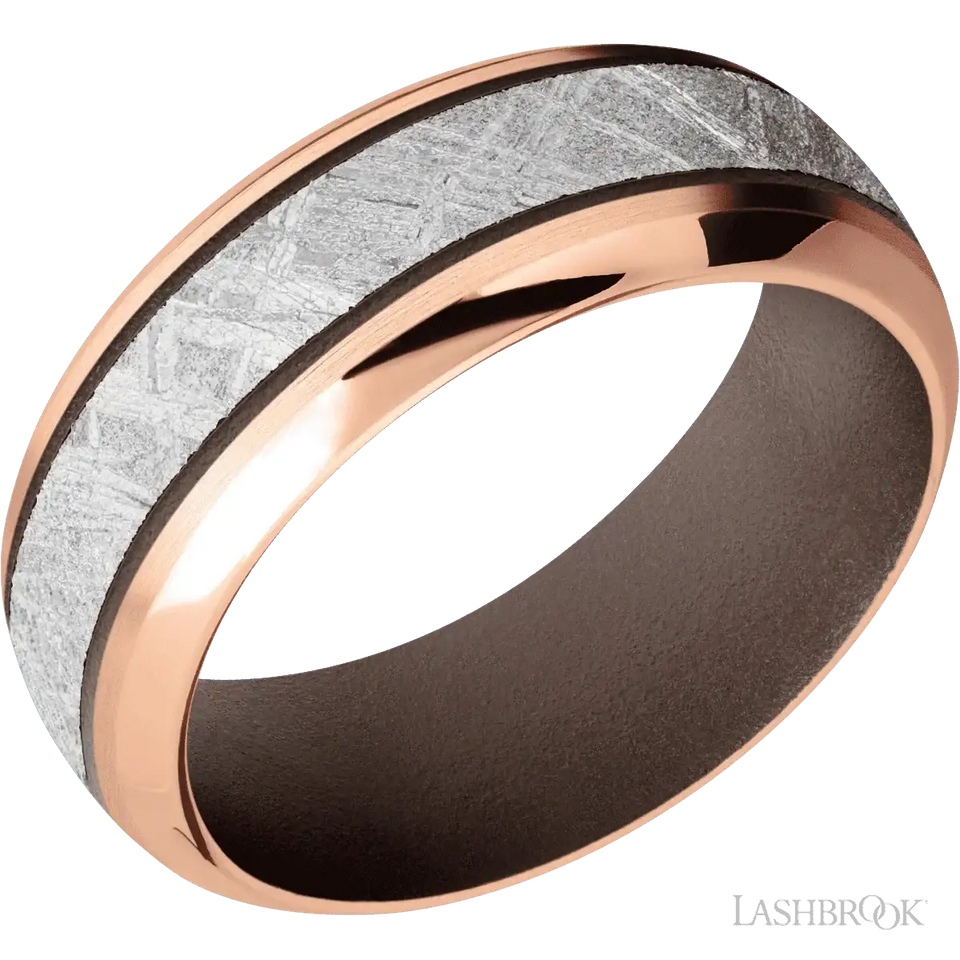 14K Rose Gold with Satin , Polish Finish and Meteorite Inlay and Chocolate Brown - 8MM - Larson Jewelers