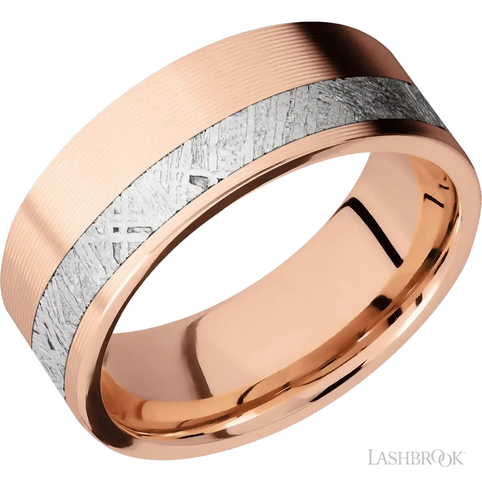 14K Rose Gold with Machine, Machine Finish and Meteorite Inlay - 8MM - Larson Jewelers