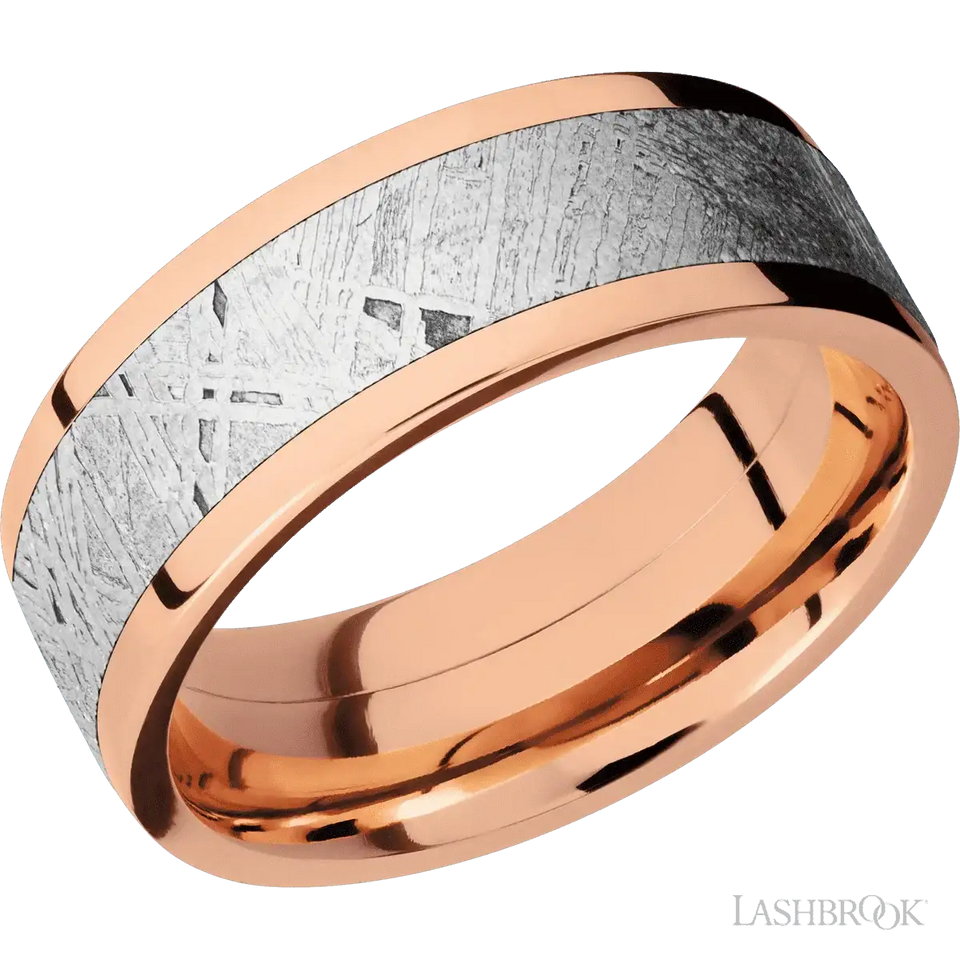 Flat 14K Rose Gold with Polish Finish and Meteorite Inlay - 8MM - Larson Jewelers