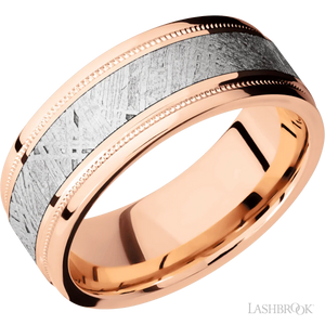 14K Rose Gold with Polish , Polish Finish and Meteorite Inlay Flat Stepped Edges- 8MM - Larson Jewelers
