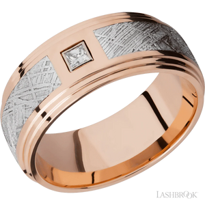 14K Rose Gold flat band with a double grooved edge, a meteorite inlay and a princess cut diamond - 9MM - Larson Jewelers