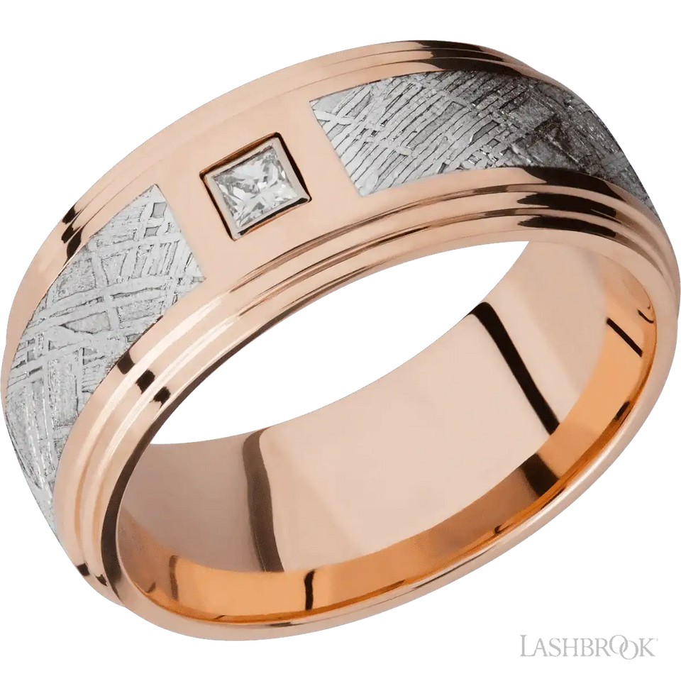 14K Rose Gold flat band with a double grooved edge, a meteorite inlay and a princess cut diamond - 9MM - Larson Jewelers