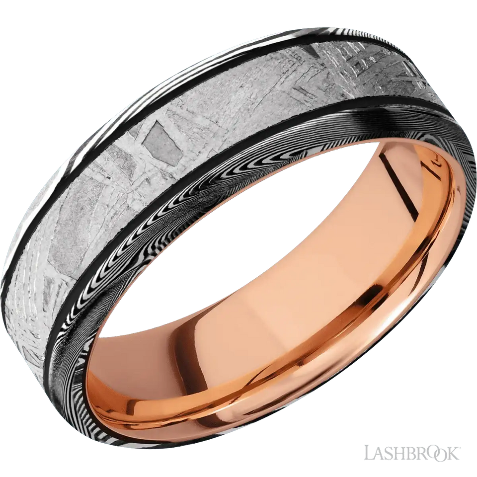 Tightweave with Acid Finish and Meteorite Inlay and 14K Rose Gold - 7MM - Larson Jewelers