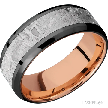 Zirconium with Polish , Polish Finish and Meteorite Inlay and 14K Rose Gold - 8MM - Larson Jewelers