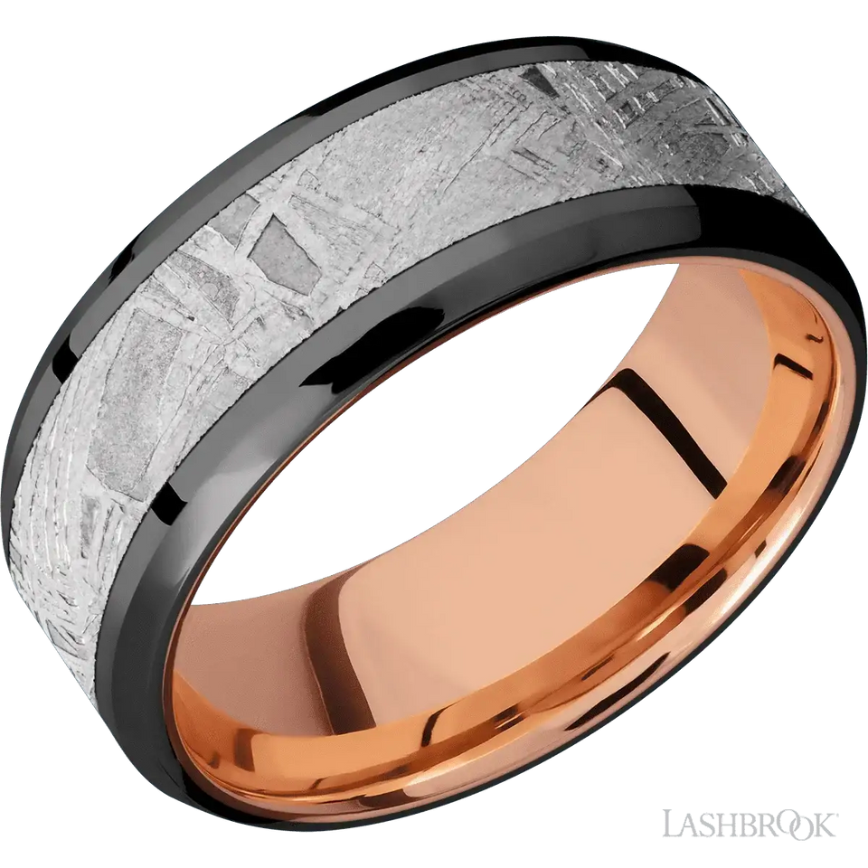 Zirconium with Polish , Polish Finish and Meteorite Inlay and 14K Rose Gold - 8MM - Larson Jewelers