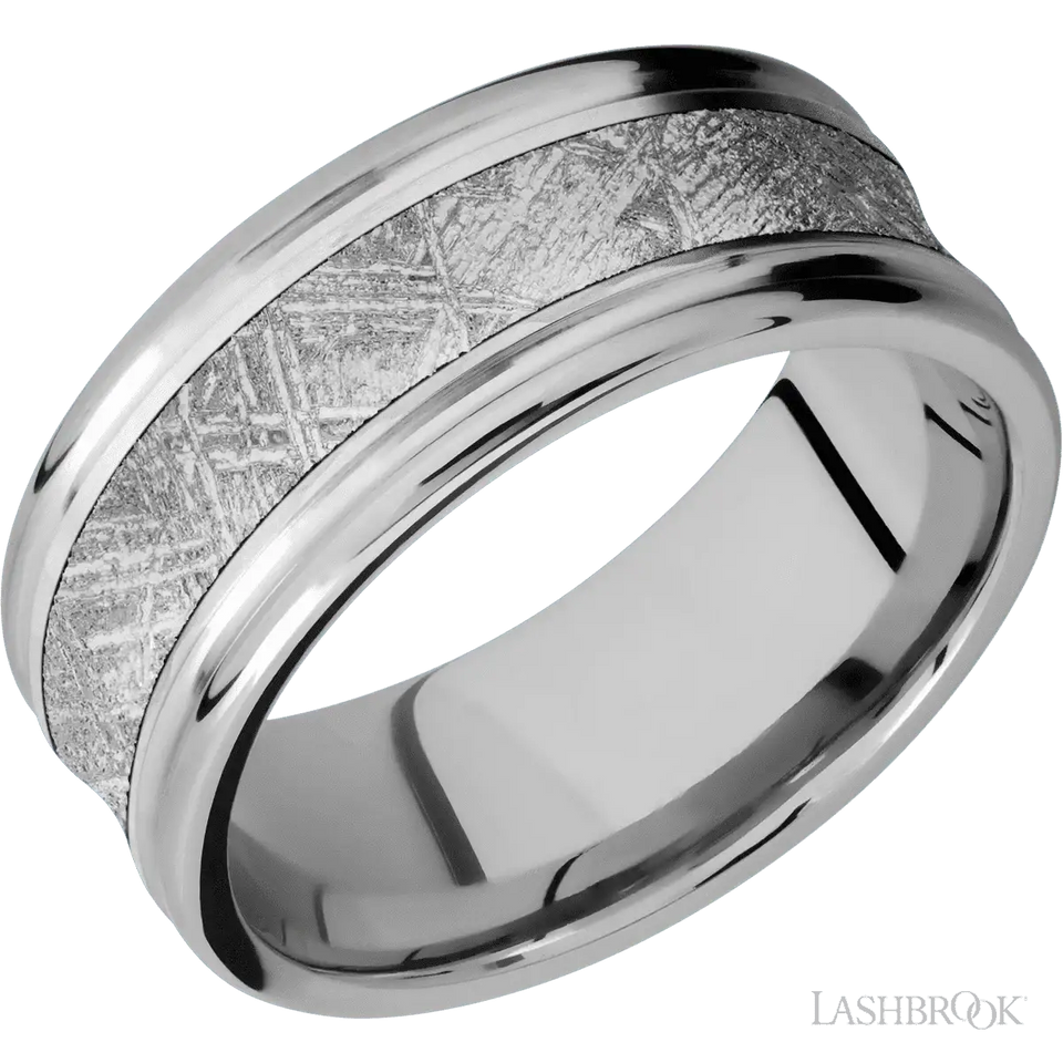 14K White Gold with Hammer , Polish Finish and Meteorite Inlay - 9MM - Larson Jewelers