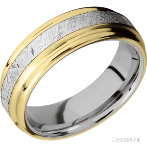 14K Yellow Gold with Satin , Polish Finish and Meteorite Inlay and 14K White Gold - 7MM - Larson Jewelers