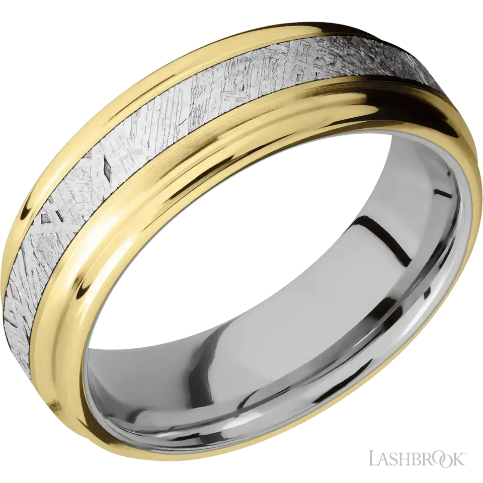 14K Yellow Gold with Satin , Polish Finish and Meteorite Inlay and 14K White Gold - 7MM - Larson Jewelers