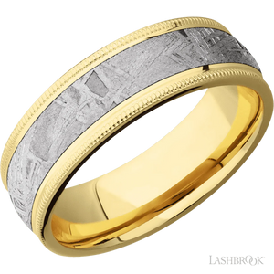 14K Yellow Gold with Polish Finish and Meteorite Inlay Domed Milgrain Edges - 7MM - Larson Jewelers