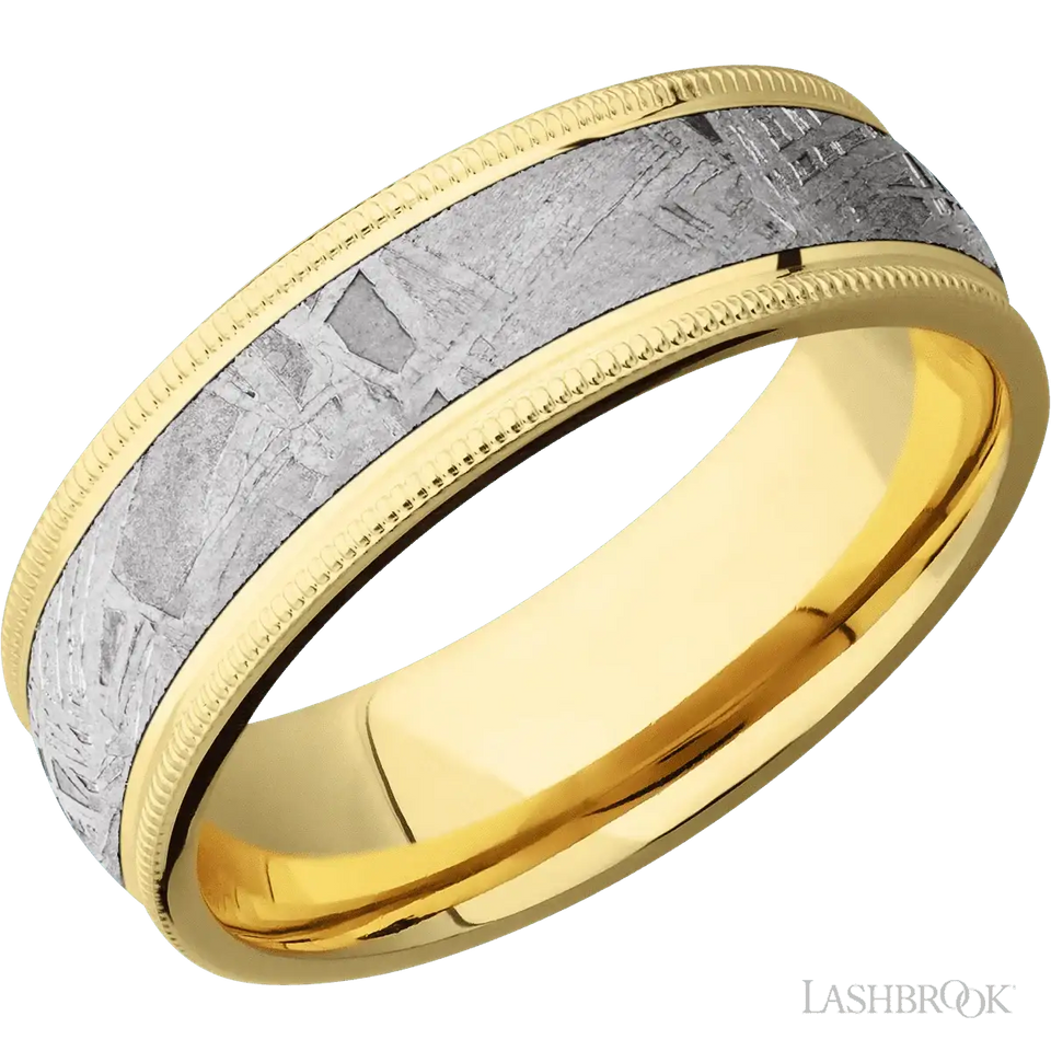 14K Yellow Gold with Polish Finish and Meteorite Inlay Domed Milgrain Edges - 7MM - Larson Jewelers