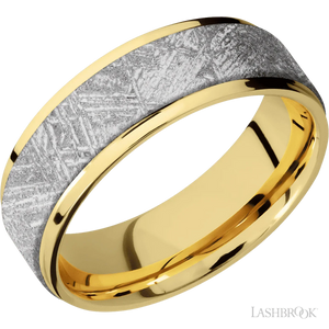 14K Yellow Gold with Polish Finish and Meteorite Inlay Flat Grooved Edges - 7MM - Larson Jewelers