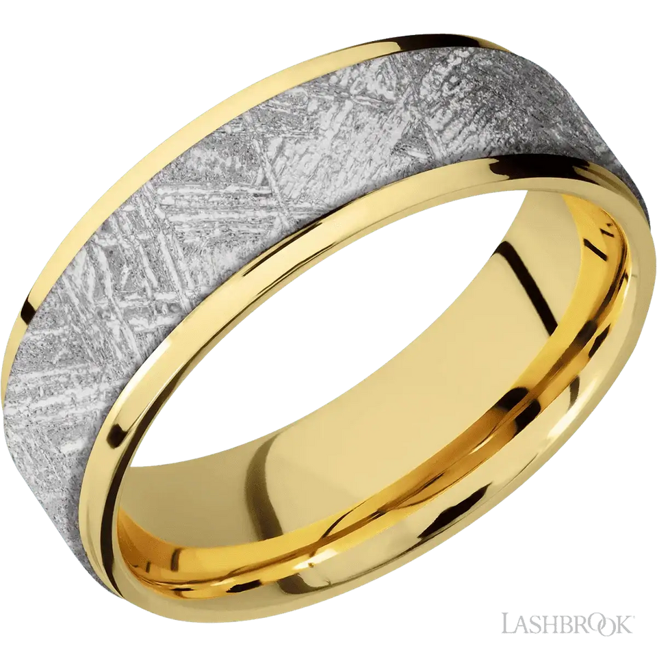 14K Yellow Gold with Polish Finish and Meteorite Inlay Flat Grooved Edges - 7MM - Larson Jewelers
