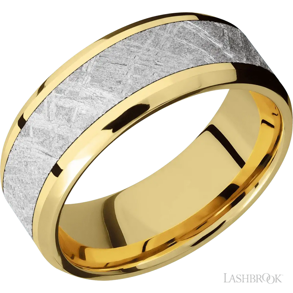 Beveled 14K Yellow Gold with Polish , Polish Finish and Meteorite Inlay - 8MM - Larson Jewelers