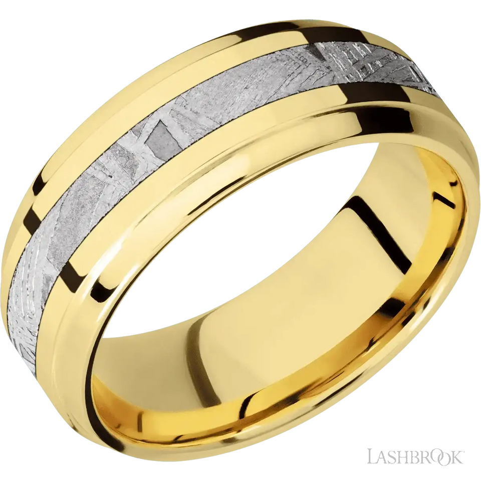 Bevel Stepped 14K Yellow Gold with Polish , Polish Finish and Meteorite Inlay - 8MM - Larson Jewelers