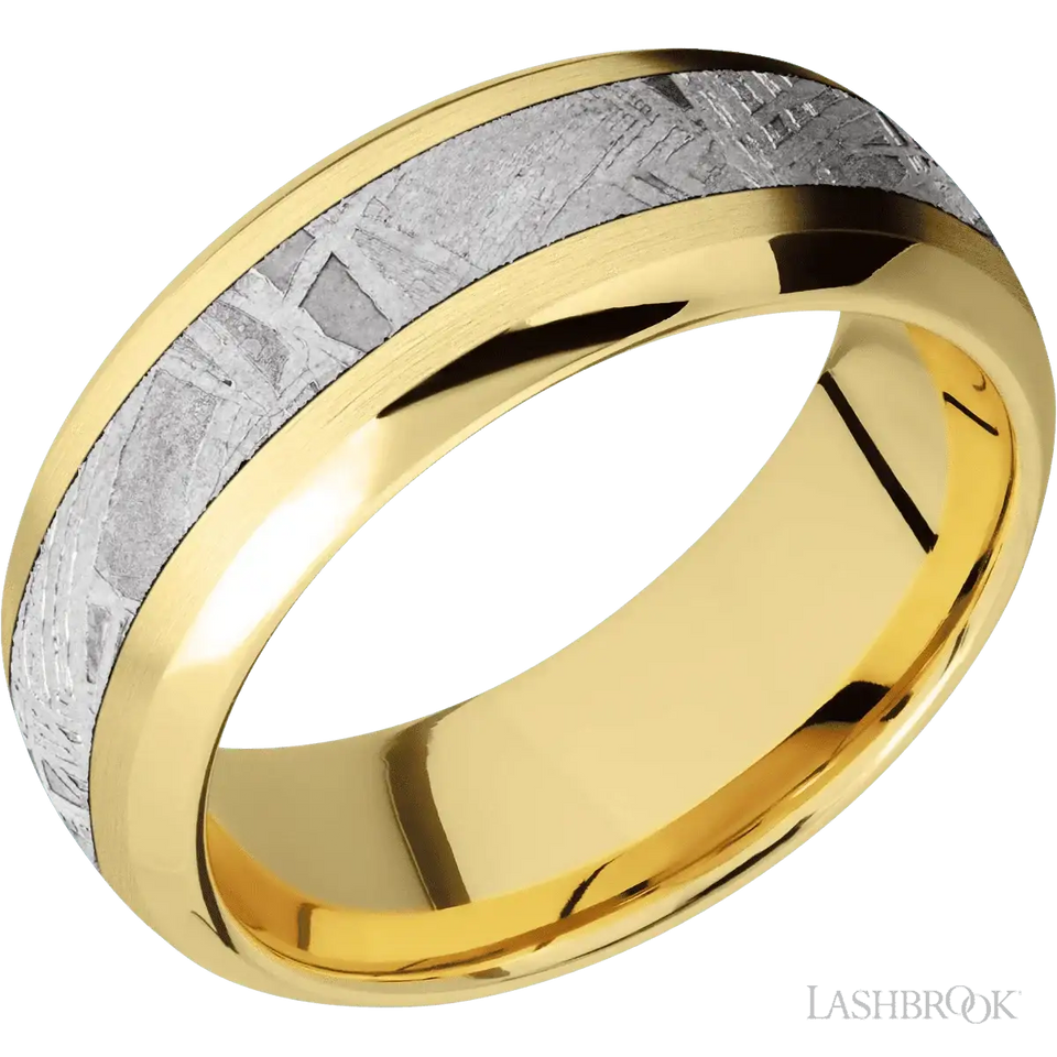 14K Yellow Gold with Satin , Polish Finish and Meteorite Inlay - 8MM - Larson Jewelers