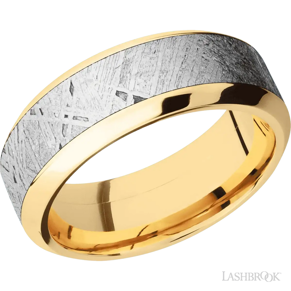 High Bevel 14K Yellow Gold with Polish Finish and Meteorite Inlay - 8MM - Larson Jewelers