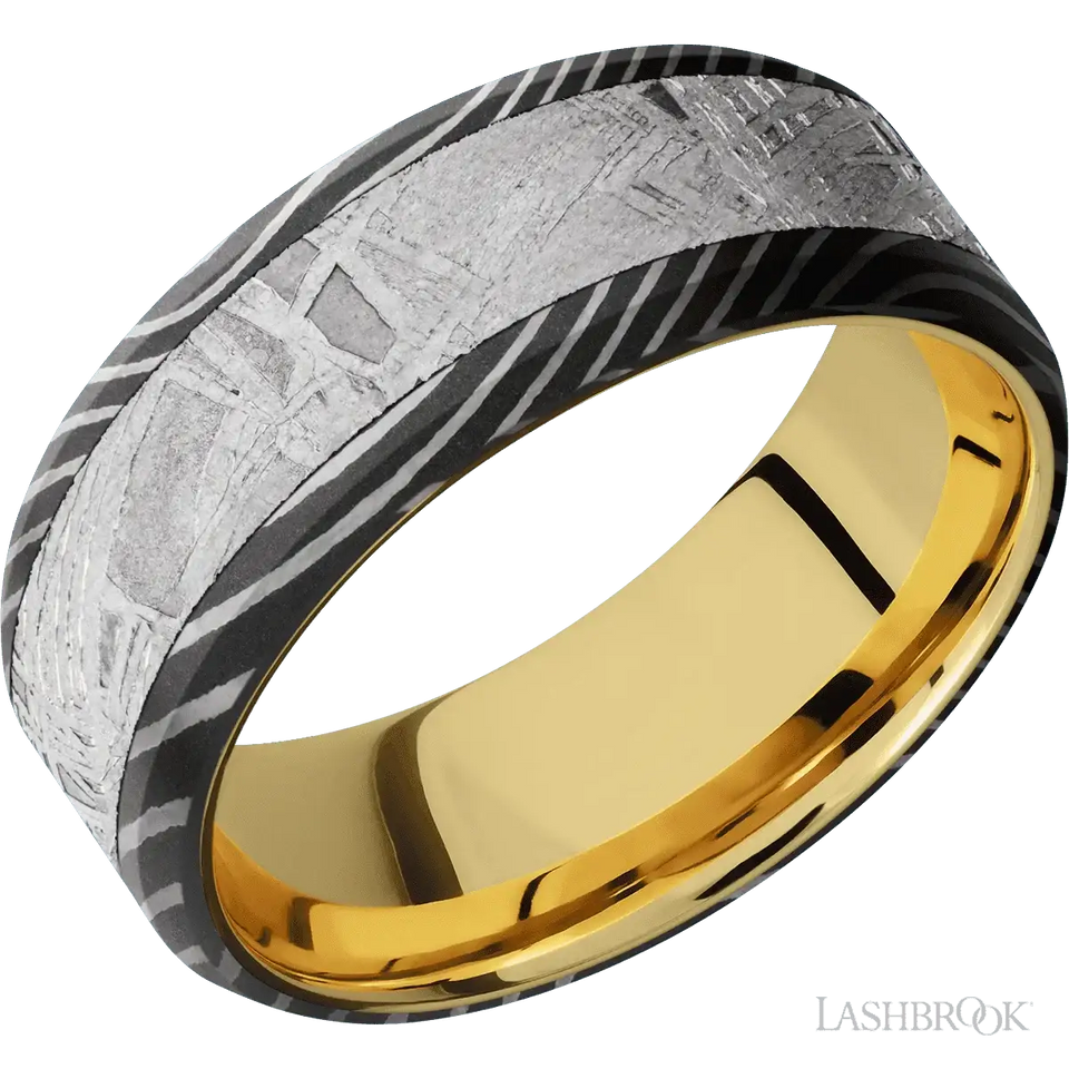 Flattwist with Acid Finish and Meteorite Inlay and 14K Yellow Gold - 8MM - Larson Jewelers