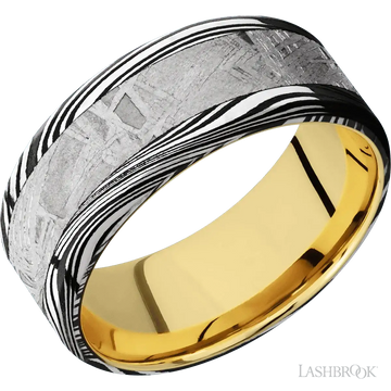 Marble with Acid Finish and Meteorite Inlay and 14K Yellow Gold - 9MM - Larson Jewelers