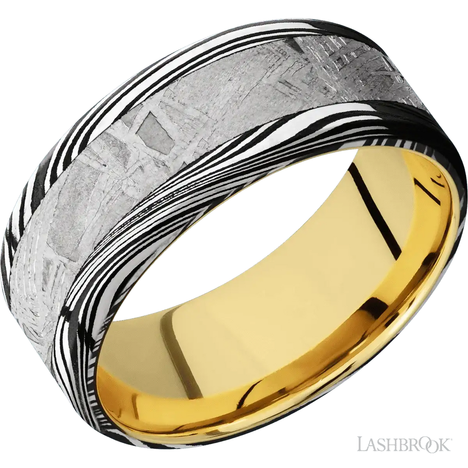 Marble with Acid Finish and Meteorite Inlay and 14K Yellow Gold - 9MM - Larson Jewelers
