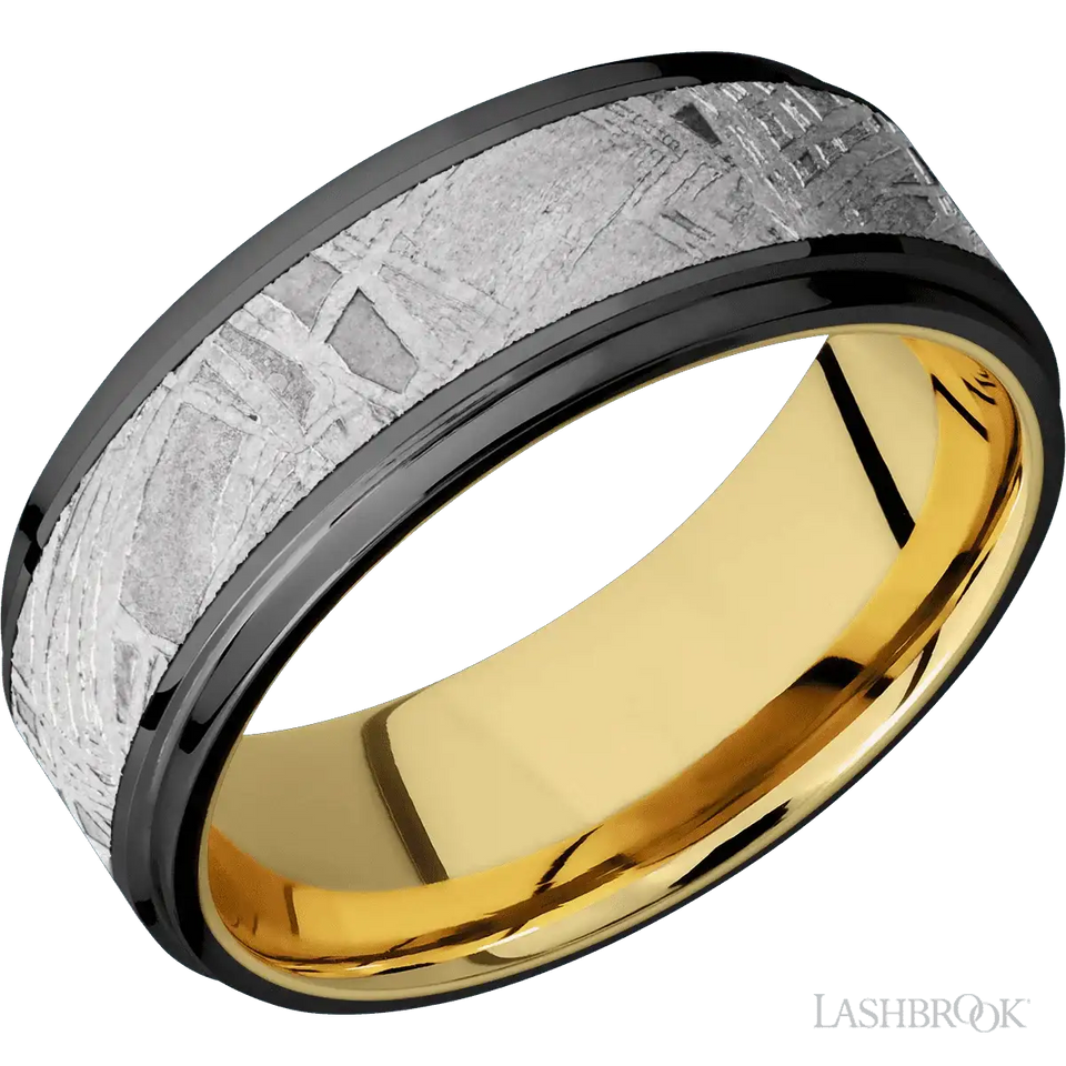 Zirconium with Polish , Polish Finish and Meteorite Inlay and 14K Yellow Gold - 8MM - Larson Jewelers